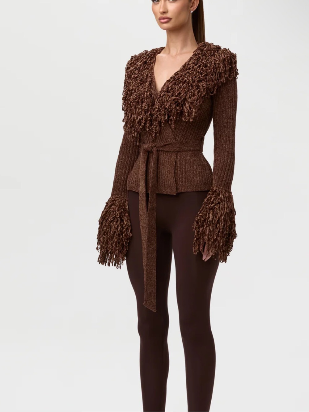 Naked Wardrobe Knit Fringe V-Neck Cardigan Brown Chenille Wrap Size Large - Picture 7 of 13